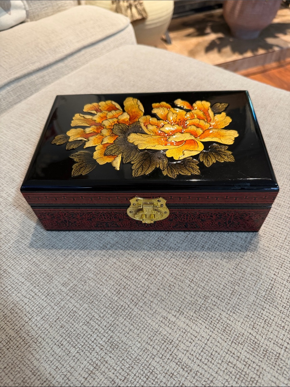 Black Lacquer Jewelry Box with Gold-Orange Floral Design